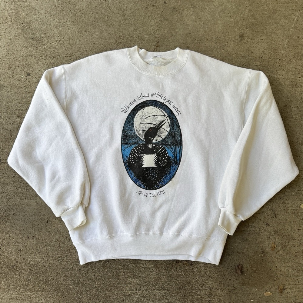 Vintage 90s Sign of the Loon Sweatshirt White Large Made in USA Environmentalism